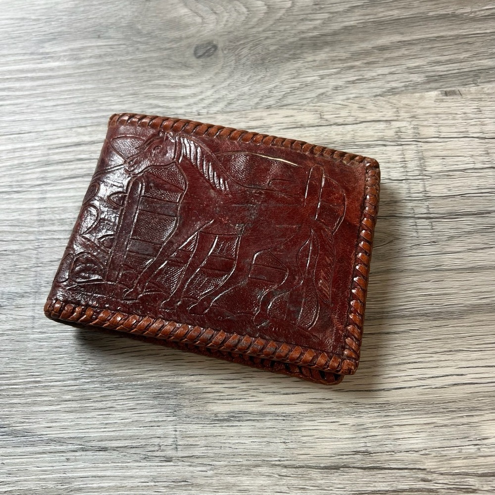 Unbranded Wallet Mens OS Brown Tooled Leather Horse Western Bifold Whipstitch